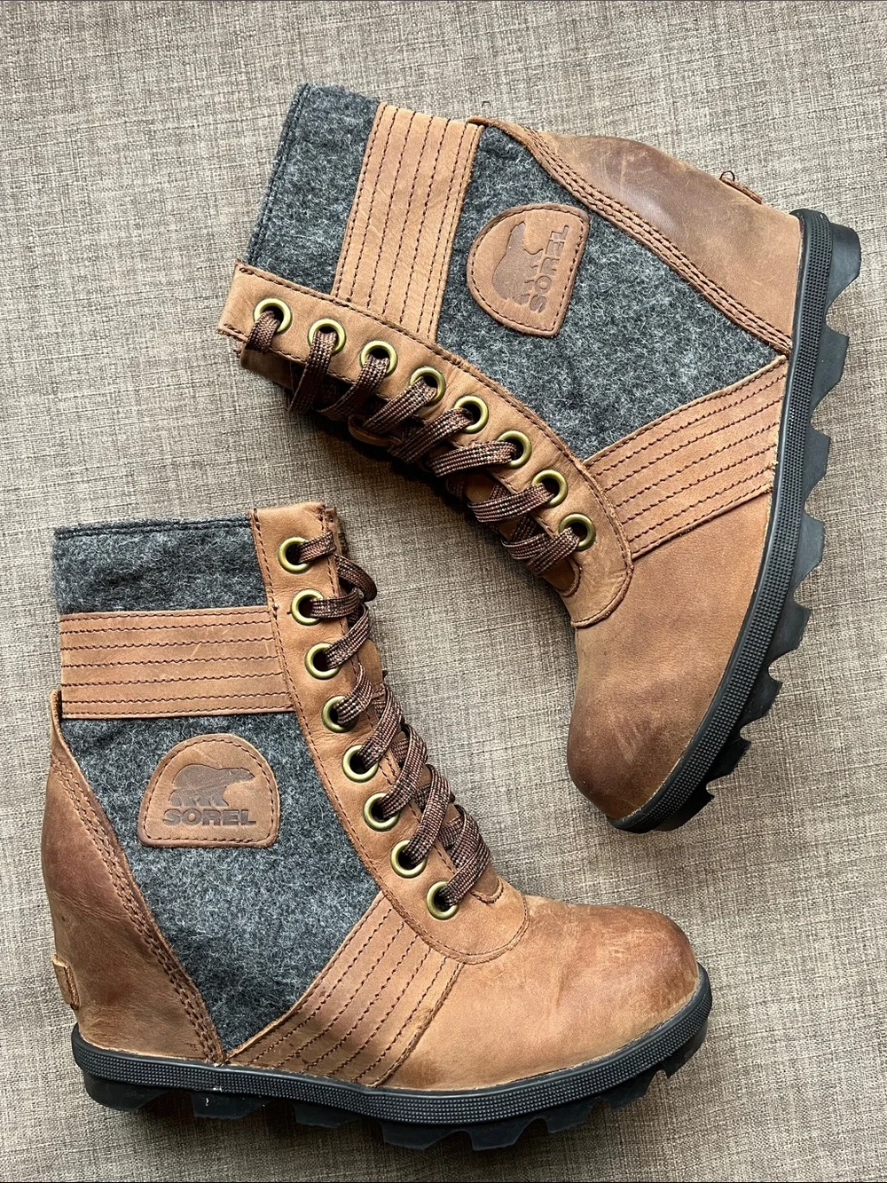 Sorel Lexie Wedge Boots Waterproof Brown Leather Gray Felt 6.5